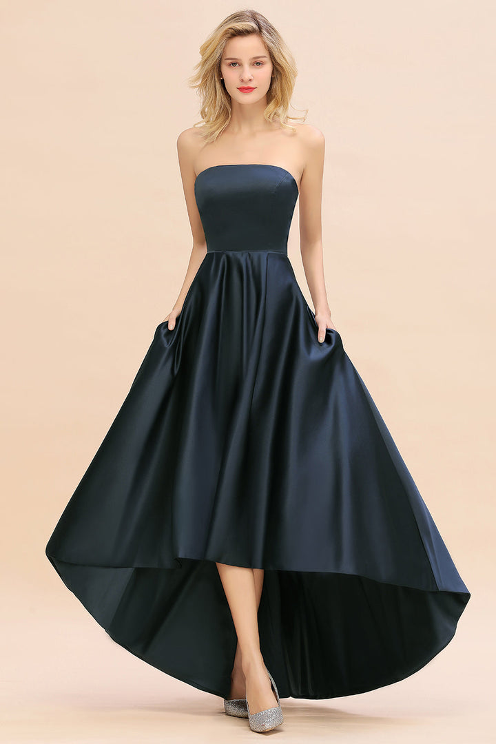 Affordable Hi-Lo Strapless Satin Bridesmaid dresses