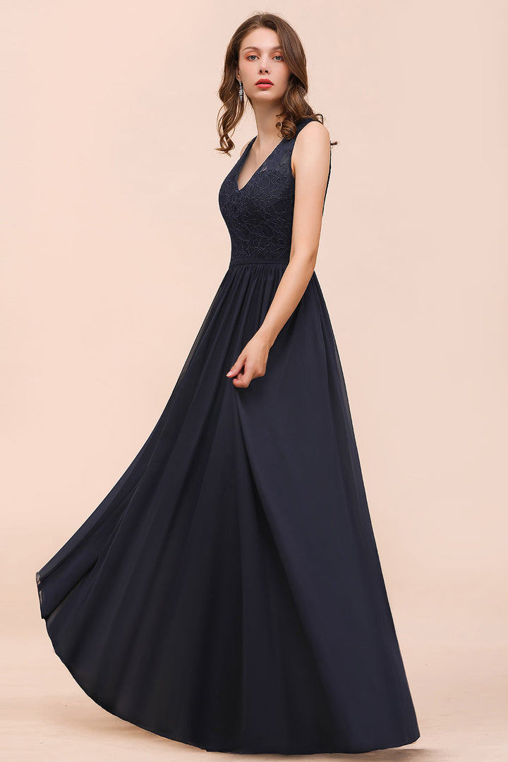 Affordable Lace V-Neck Navy Bridesmaid Dresses with Open Back