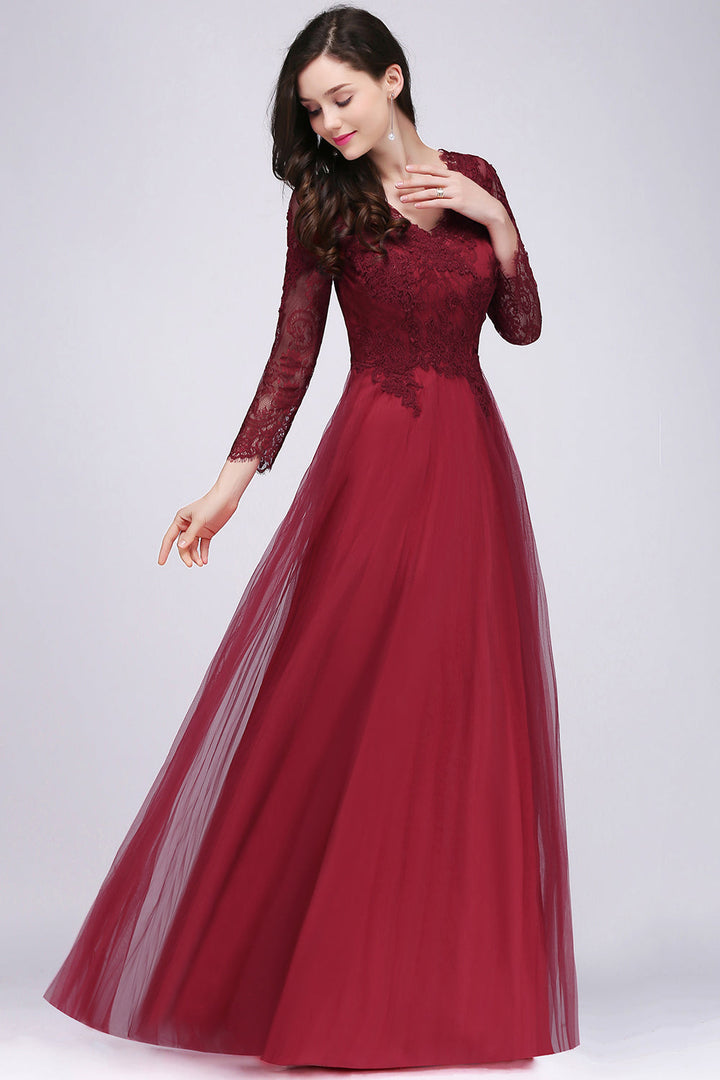 burgundy bridesmaid dresses with lace sleeves Affordable Long V-Neck Appliques different shades of burgundy bridesmaid dresses