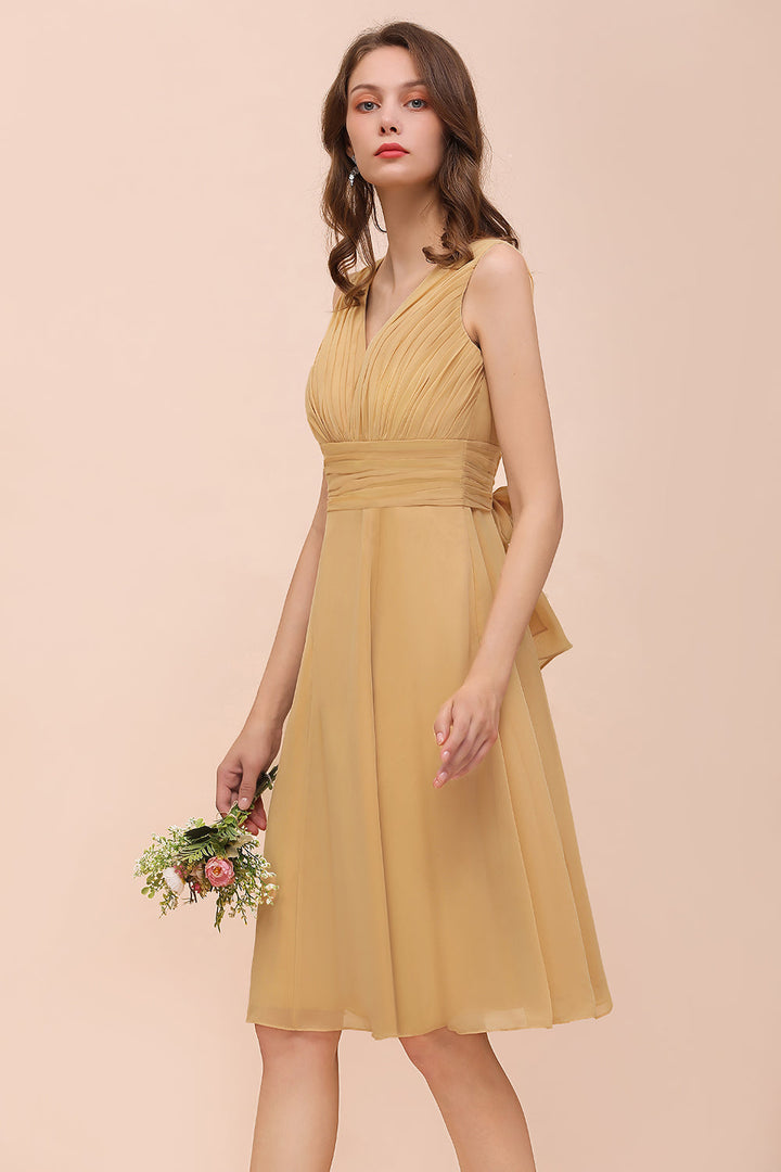 affordable gold bridesmaid dresses V-Neck Ruffle Short with Bow Tulle Embellishment wheel 9.4.26 live Ian Stuart 2014 Frill Size:12.5 US Women (9.5 AU/UK)