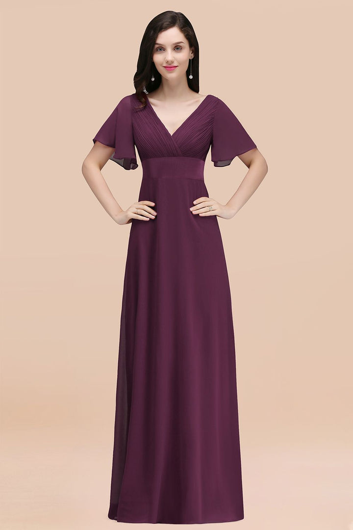 affordable burgundy bridesmaid dresses V-Neck Ruffle Long With Short-Sleeves Color:Sky Blue/Nude