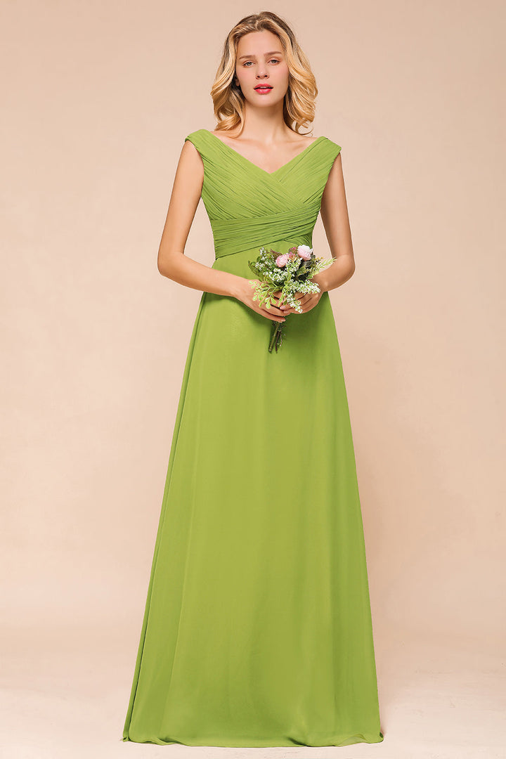 Affordable V-Neck Sleeveless Green Chiffon Bridesmaid Dresses