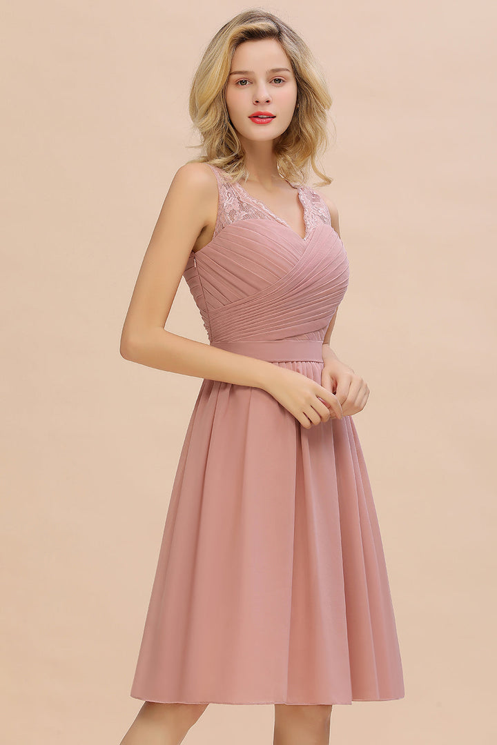 Affordable V-Neck Sleeveless Ruffles Short Lace Bridesmaid dresses