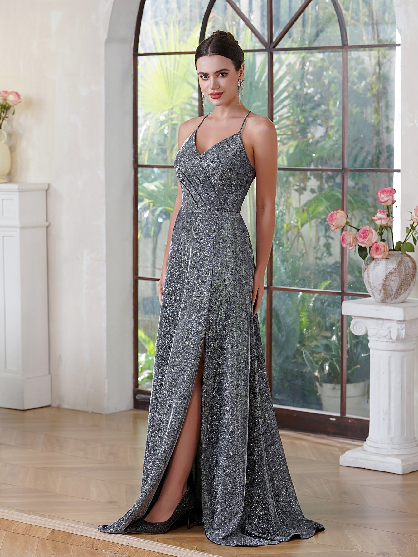 Amazing A-Line Polyester Lurex Fabric V-Neck Sleeveless Darkbrown Prom