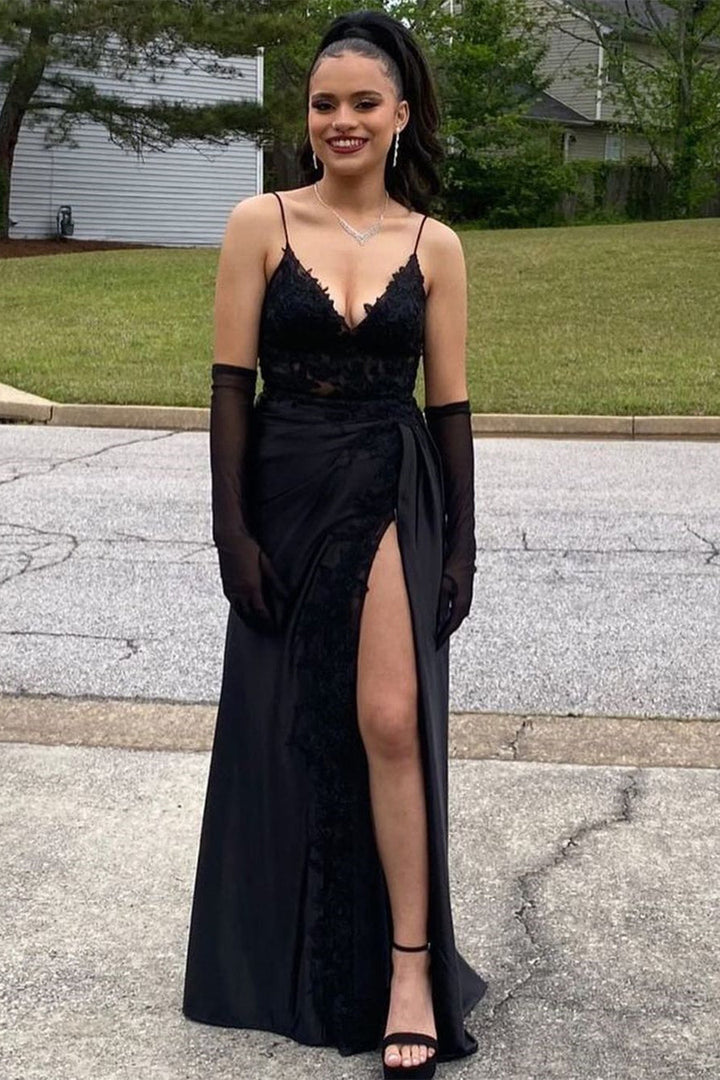Elegant Long Black V-neck Spaghetti Strap Lace Sleeveless Prom Dress with Side Slit