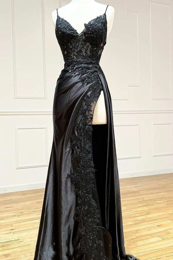 Elegant Long Black V-neck Spaghetti Strap Lace Sleeveless Prom Dress with Side Slit