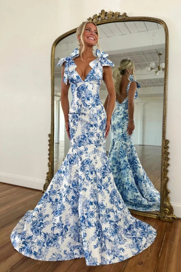 chinese dress ladies Amazing Long Mermaid Blue V-neck Sleeveless Open Back Prom Dress