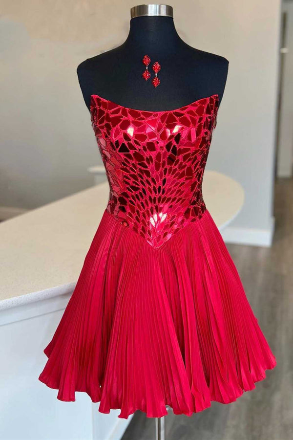 Koscy Red Cut Glass Mirror Strapless A-Line Gathered Party Dress
