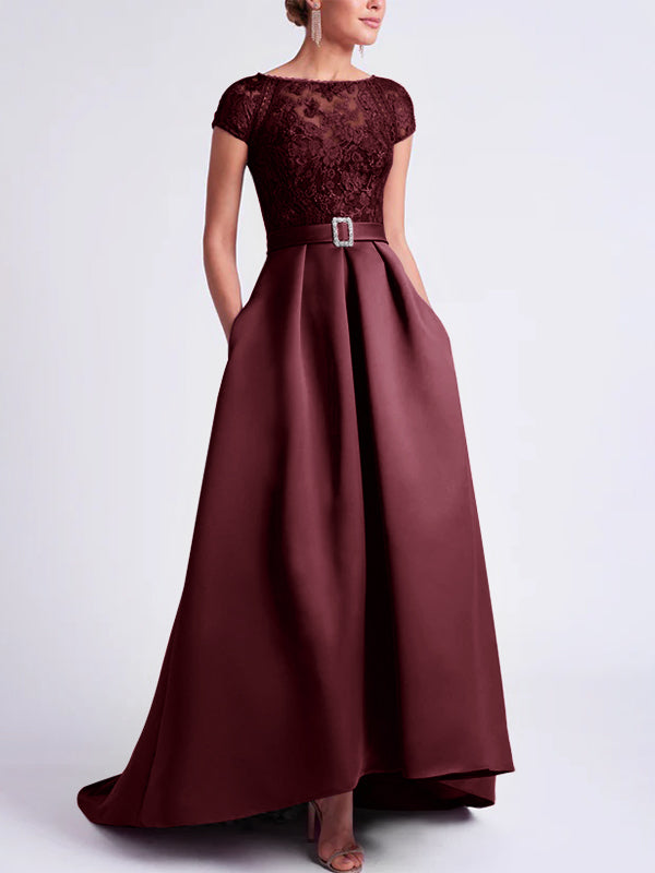 Asymmetrical A-Line Mother of the Bride Dress with Scoop Neck and Short  Sleeves