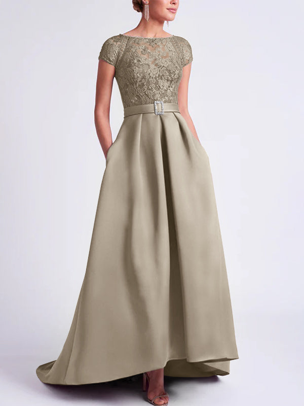 Asymmetrical A-Line Mother of the Bride Dress with Scoop Neck and Short Sleeves Asymmetrical A-Line Mother of the Bride Dress with Scoop Neck and Short Sleeves