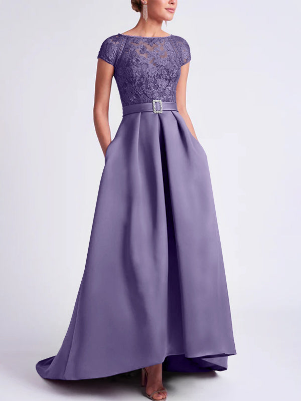 Asymmetrical A-Line Mother of the Bride Dress with Scoop Neck and Short  Sleeves