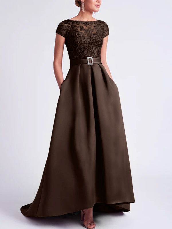 Asymmetrical A-Line Mother of the Bride Dress with Scoop Neck and Short Sleeves Asymmetrical A-Line Mother of the Bride Dress with Scoop Neck and Short Sleeves