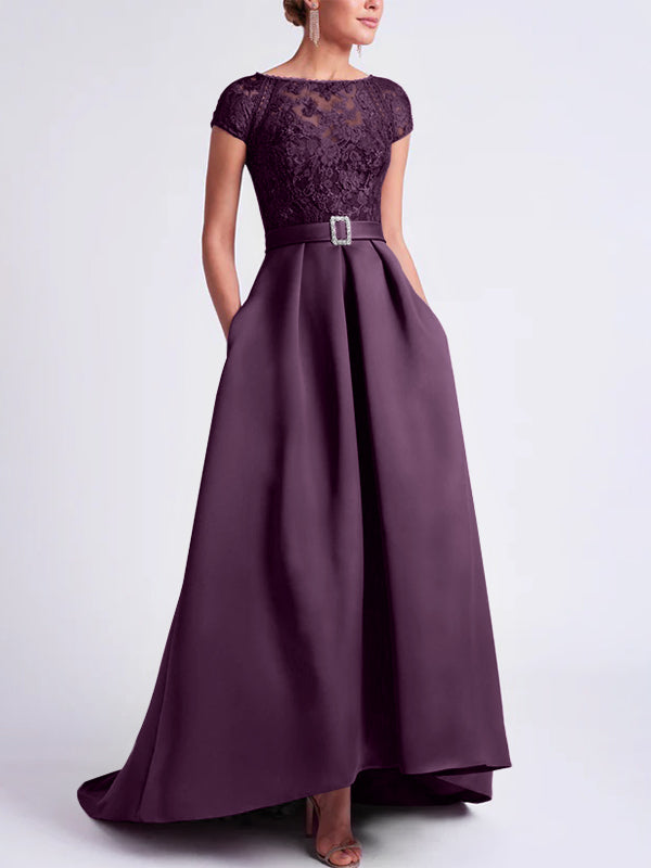 Asymmetrical A-Line Mother of the Bride Dress with Scoop Neck and Short  Sleeves