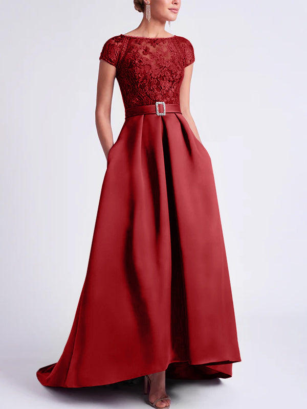 Asymmetrical A-Line Mother of the Bride Dress with Scoop Neck and Short Sleeves Asymmetrical A-Line Mother of the Bride Dress with Scoop Neck and Short Sleeves