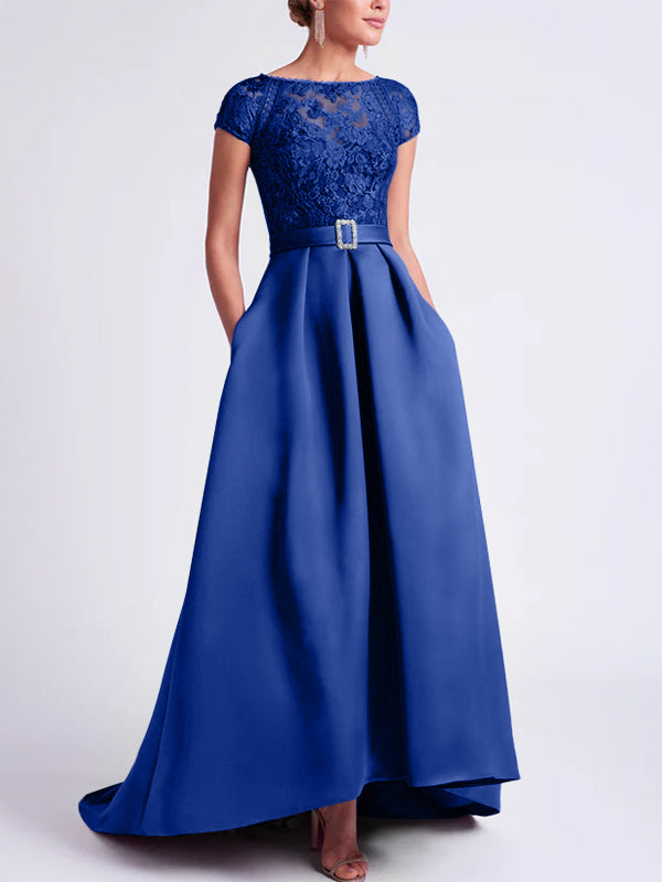 Asymmetrical A-Line Mother of the Bride Dress with Scoop Neck and Short  Sleeves
