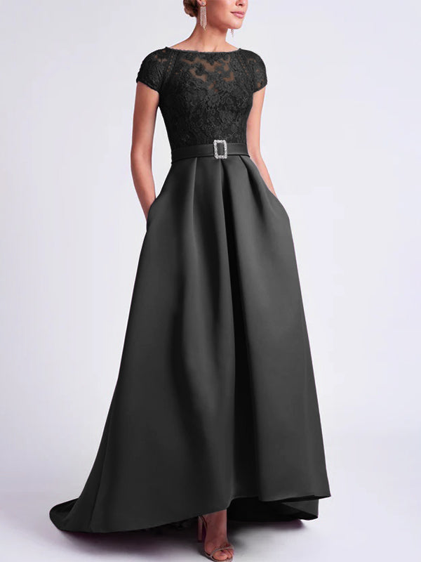 Asymmetrical A-Line Mother of the Bride Dress with Scoop Neck and Short Sleeves Asymmetrical A-Line Mother of the Bride Dress with Scoop Neck and Short Sleeves