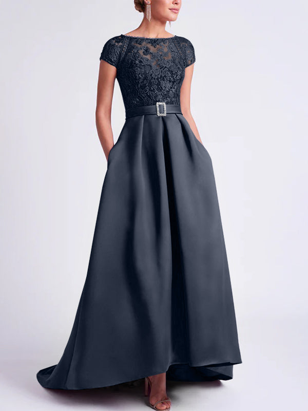 Asymmetrical A-Line Mother of the Bride Dress with Scoop Neck and Short Sleeves Asymmetrical A-Line Mother of the Bride Dress with Scoop Neck and Short Sleeves