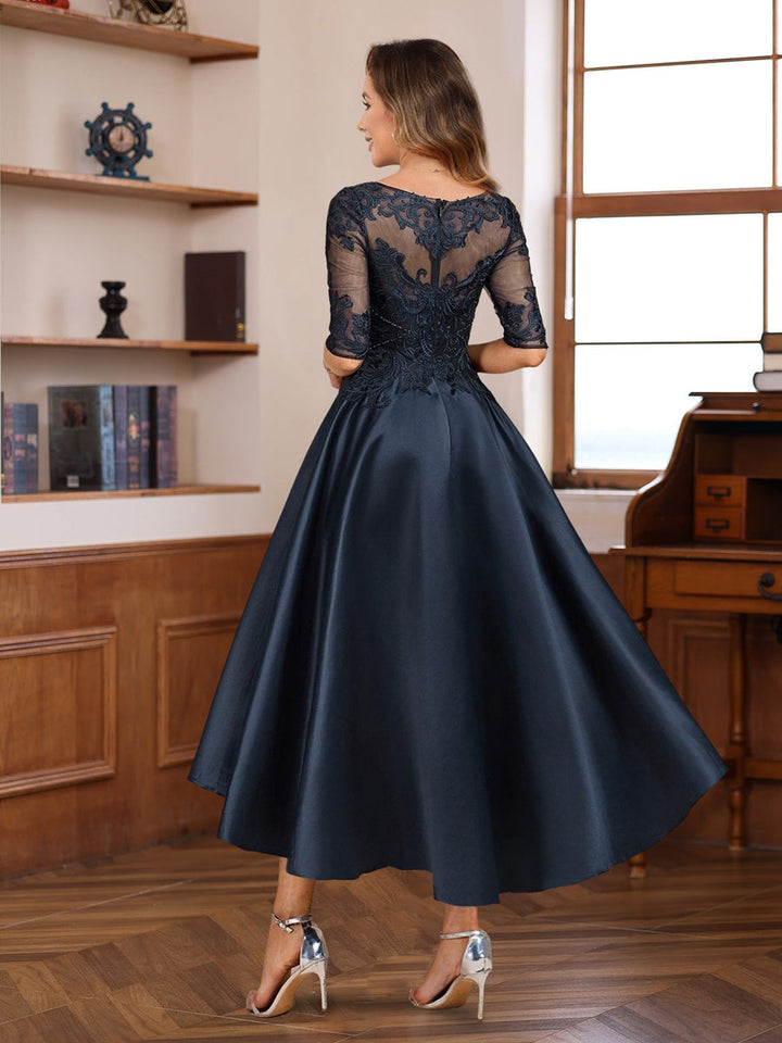 Asymmetrical A-Line Princess Gown with Scoop Neck Half Sleeves and Lace Appliques for Mothers of Asymmetrical A-Line Princess Gown with Scoop Neck Half Sleeves and Lace Appliques for Mothers of