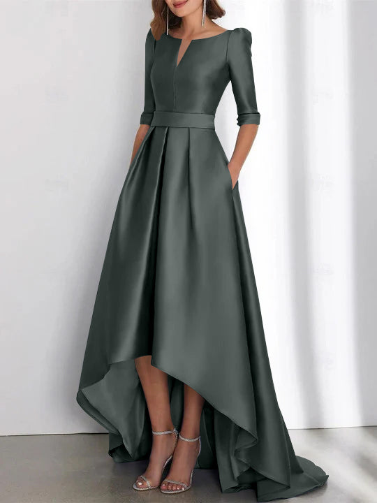 asymmetrical dresses with sleeves Sansa Coral Asymmetric Satin Midi Dress – Get That Trend main image 0