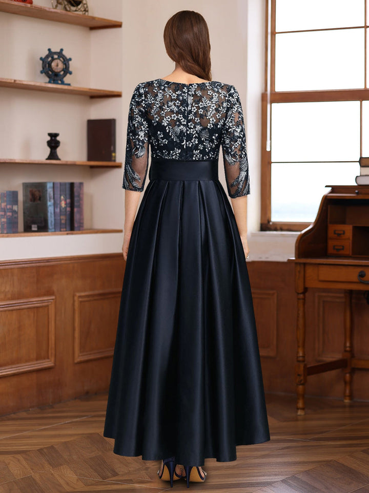 blue dress for baby girl Asymmetrical Lace A-Line Dress with 3/4 Sleeves Appliques & Bow Belt for Mother of The Bride or Groom