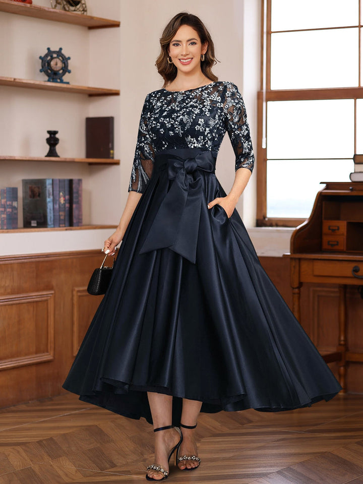 Asymmetrical Lace A-Line Dress with 3/4 Sleeves Appliques & Bow Belt for Mother of The Bride or Groom