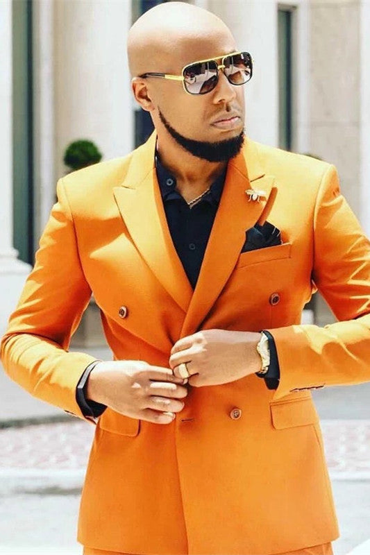 Koscy Shining Orange Evening Suit for Men with Peaked Lapel