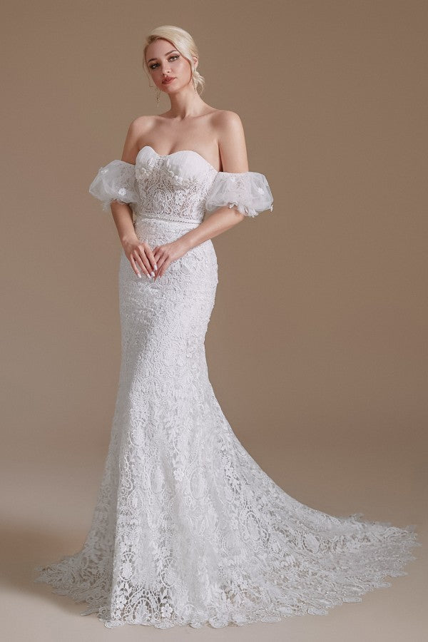 Bmbride Gorgeous Long Mermaid Sweetheart Lace Wedding Dresses with Removable Sleeves