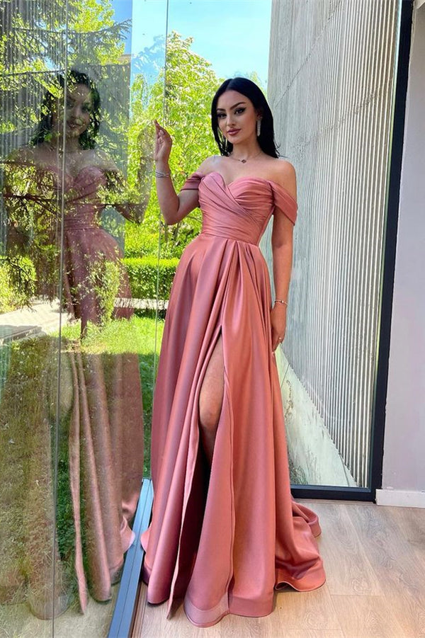 Dusty Pink Off-The-Shoulder Evening Front Split Prom Dress With Sweetheart - Glorious