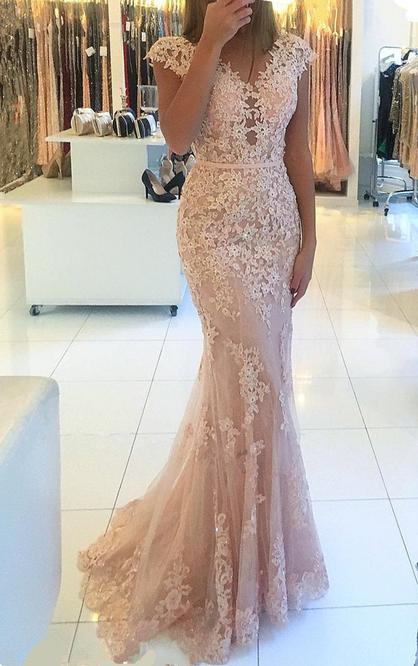 Mermaid Cap-Sleeve Prom Dress with Appliques