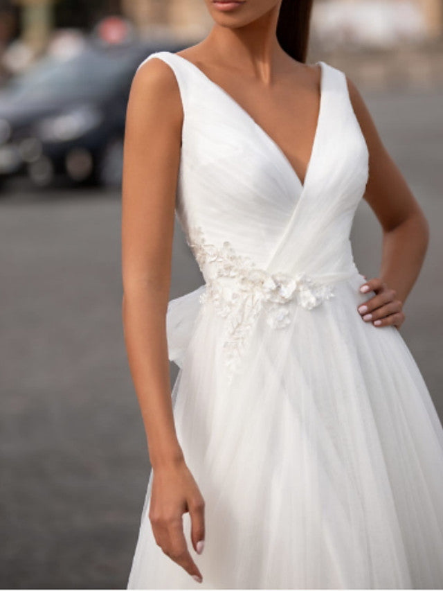 Bmbride V Neck Ball Gown Wedding Dresses - Floor Length Tulle Sleeveless Country Plus Size