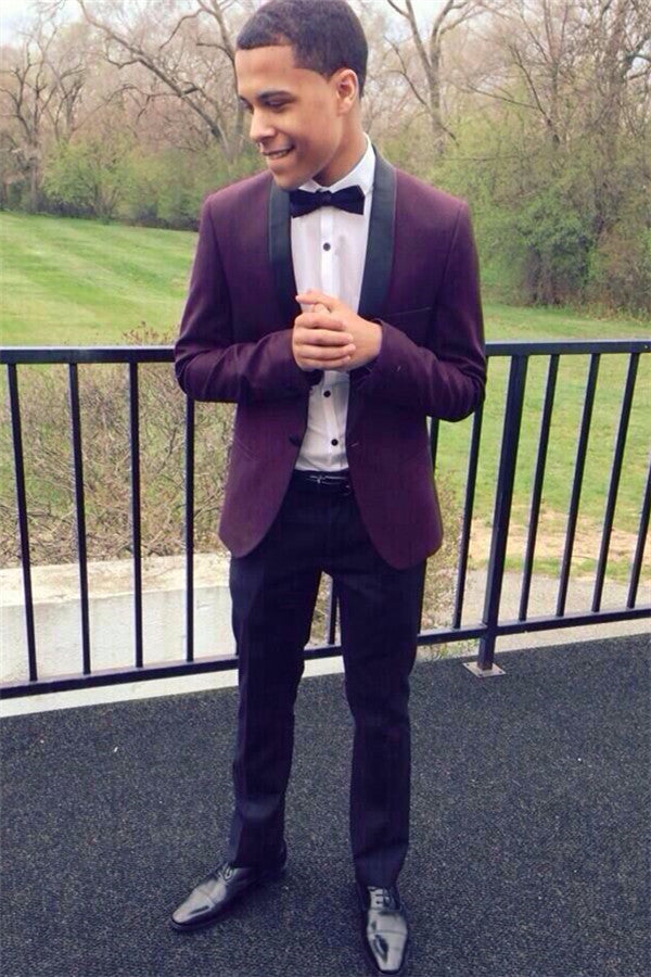 Koscy Fashionable Black Lapel Purple Designer Wedding Suit for Men