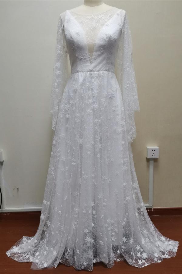 Bmbride Long A-line V-neck Puffy Sleeves Wedding Dress with Scoop Neck and Star Pattern