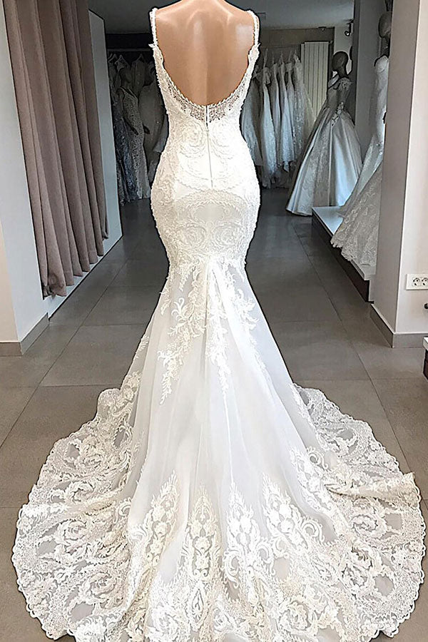 Bmbride Mermaid Wedding Dress with Amazing Appliques and Tulle