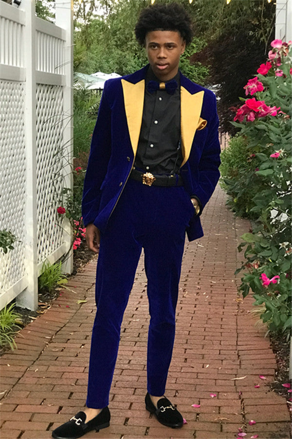 Koscy Fashionable Royal Blue Velvet Two-Piece Evening Suit