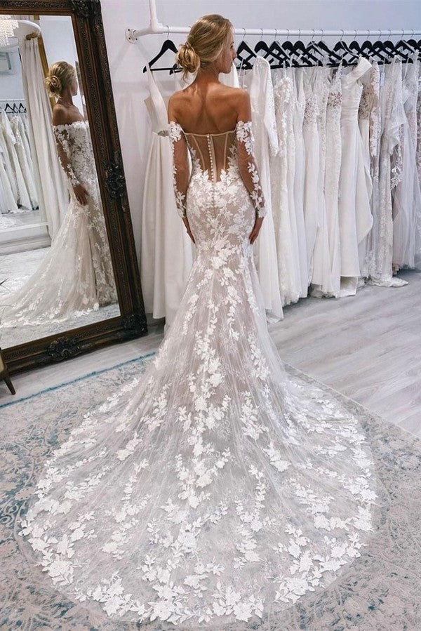 Bmbride Garden A-line Lace Wedding Dress with Appliques Long Sleeves