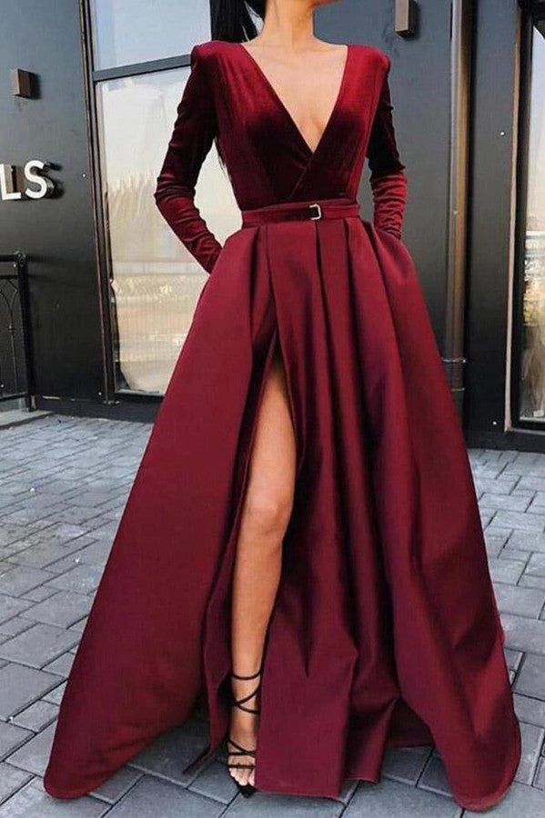Burgundy Prom Dress With Split - Long Sleeves