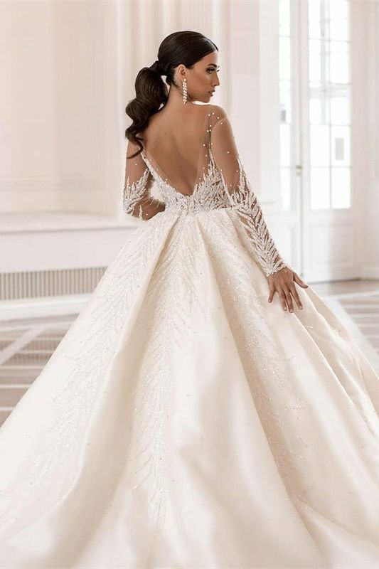 Bmbride Stunning Long Sleeve Bateau Crystal Pearl A-Line Satin Bridal Gown