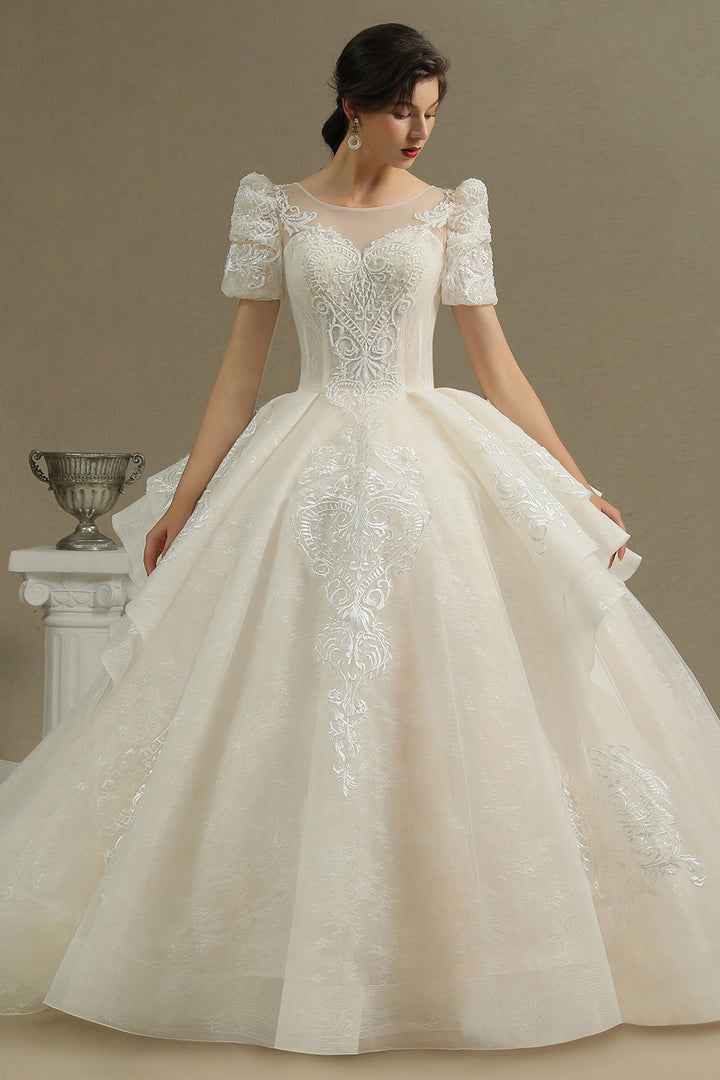 Bmbride Short Sleeve Garden Bridal Gown Sweetheart Luxury Wedding Dresses with Sweep Train