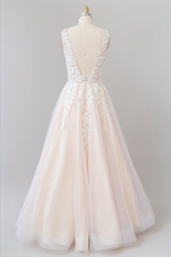 Bmbride Floor length Wedding Dress with V-neck Appliques in Tulle