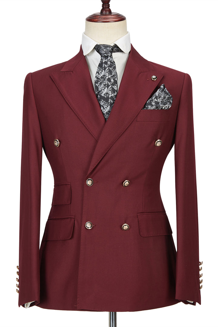 Koscy Glamorous Burgundy Groomsmen Outfit with Peak Lapel and Double-Breasted Design