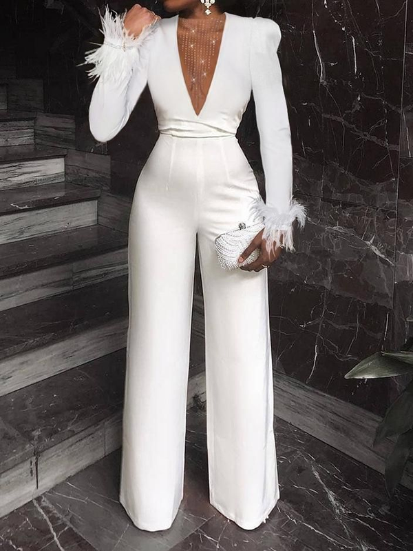 Koscy Charming V-Neck Feather White Sequins Long Sleeves Jump Suit