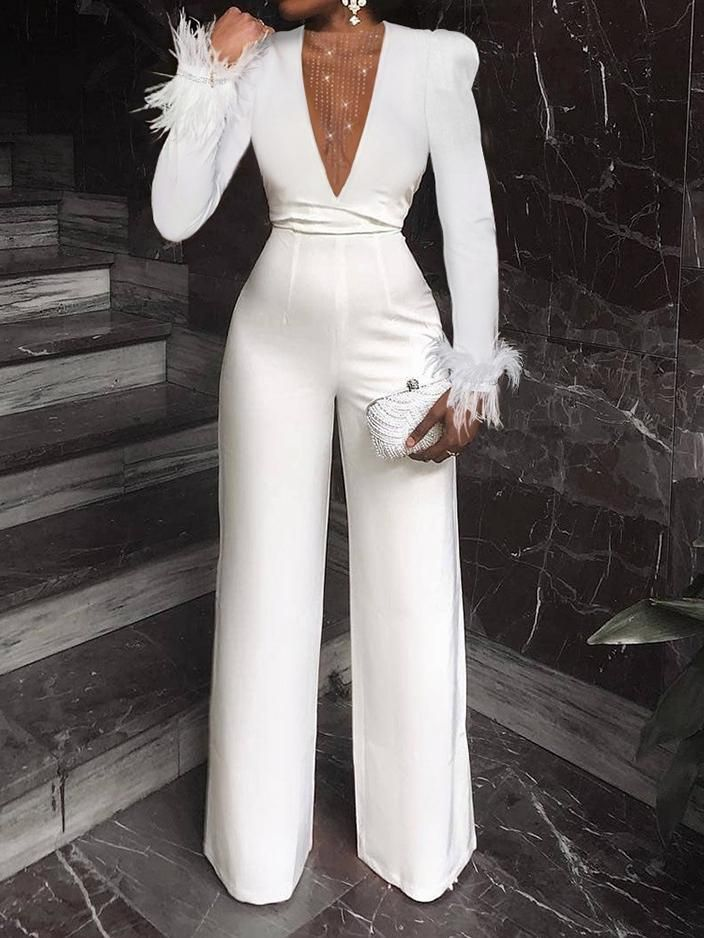 Koscy Charming V-Neck Feather White Sequins Long Sleeves Jump Suit
