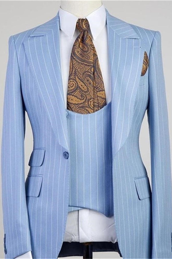 Koscy Gorgeous Blue Striped Three-Piece Groomsmen Tuxedo with Peaked Lapel