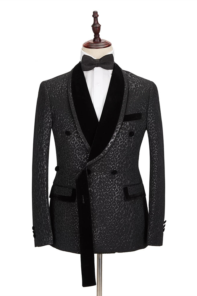 Koscy Classic Black Jacquard Velvet Lapel Blazer with Double-Breasted Design for Groom