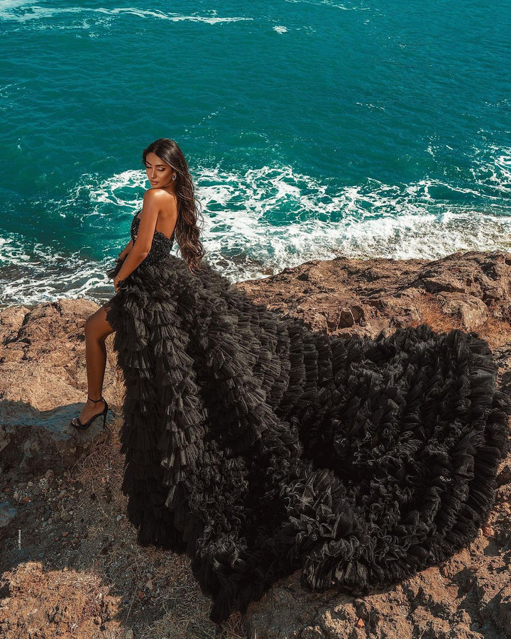 Bmbride High Low Sweetheart Tulle Formal Evening Dresses in Black