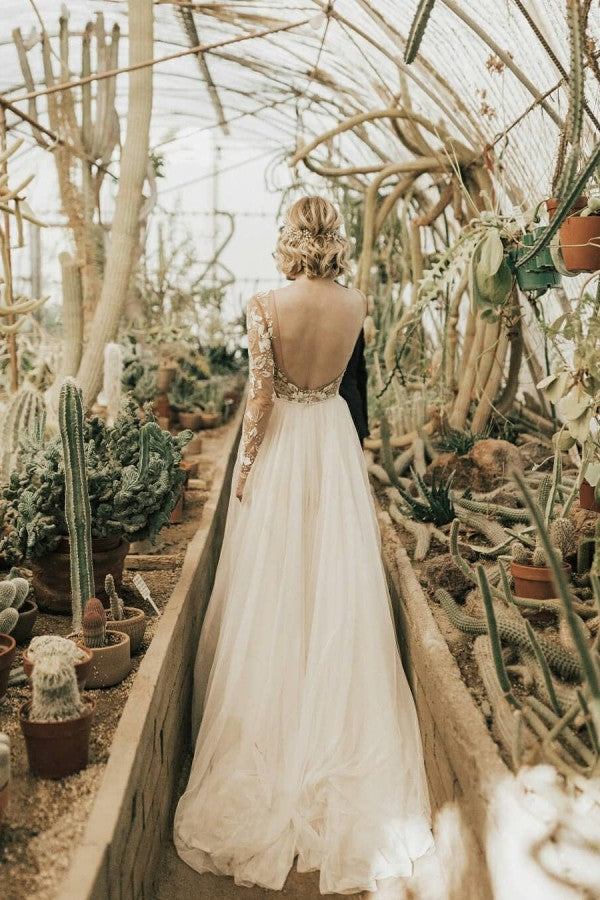 Bmbride Vintage A-Line Bateau Long Sleeve Appliques Lace Open Back Chiffon Wedding Dress