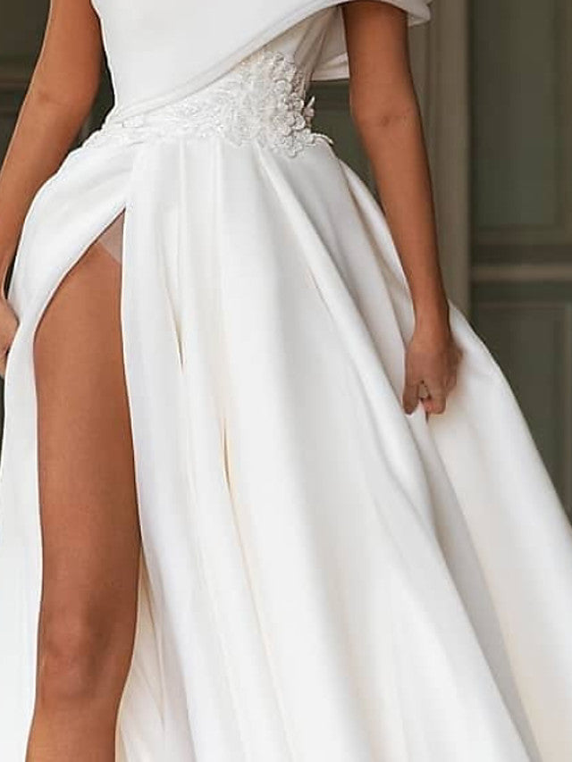 Bmbride A-Line One Shoulder Chiffon Over Satin Short Sleeve Sweep \ Brush Train Modern Wedding Dresses