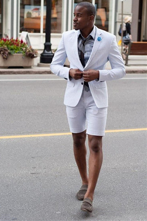 Koscy Stylish White Party Evening Suit with Notched Lapel and Short Pants