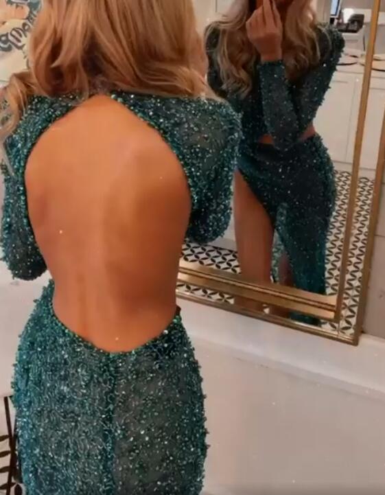 Blue Sequins Mermaid Prom Dress With Split and Long Sleeves