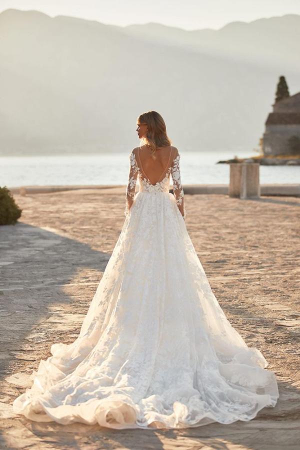 Bmbride Exquisite Long A-line V-neck Tulle Floral Lace Backless Wedding Dresses with Sleeves